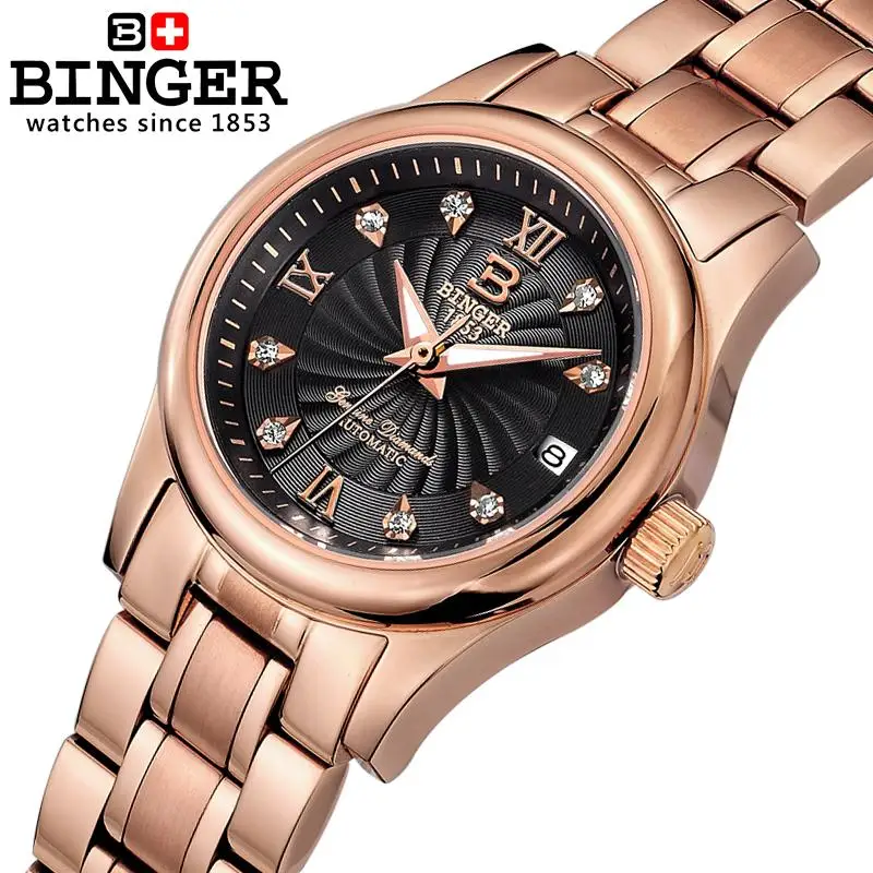 Marca de Luxo Diamante à Prova Nova Suíça Binger Relógios Femininos 18 k Ouro Relógio Mecânico Dwaterproof Água Feminino Pulso B-603l-10