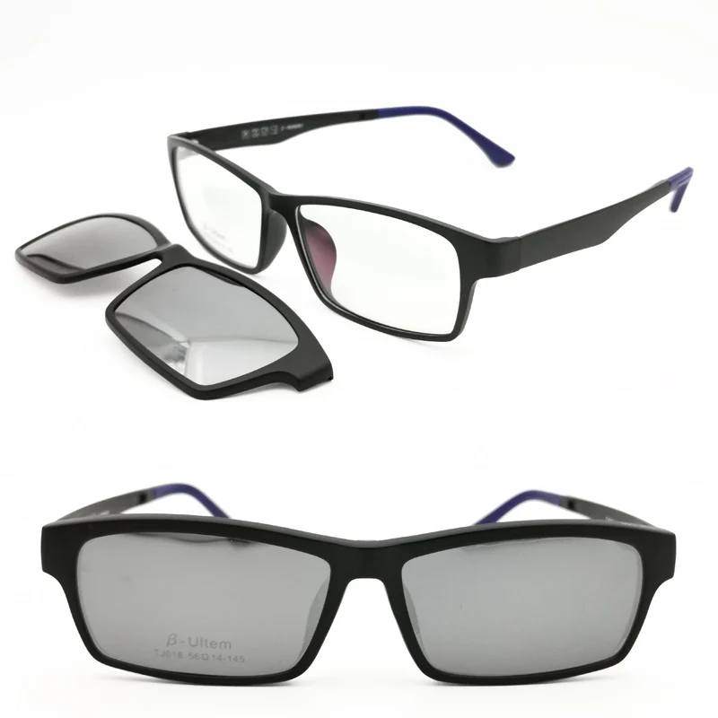 

clip on polarized myopia sunglasses 018 ULTEM big size rectangle optical prescription glasses with megnatic clip sunlenses