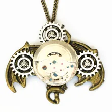 steampunk gothic mechanical watch parts movements gear bat wing hanging halloween pendant necklace men women vintage jewelry diy