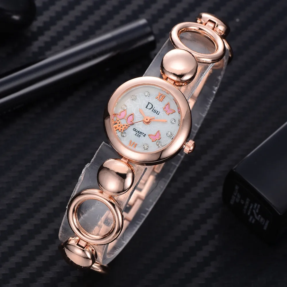 

DISU Women Watch Butterfly Printing Rhinestone Metal Band Bracelet Watch Elegant Fashion Dress Ladies Quartz WristWatch Clock #A