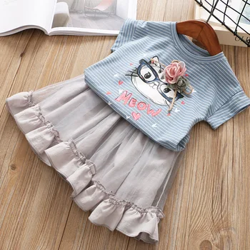 

Summer girls clothes cartoon cat stereo flowers Bows stripes T-shirts+lace tutu skirts 2pcs sets kids letter printed outfits clo