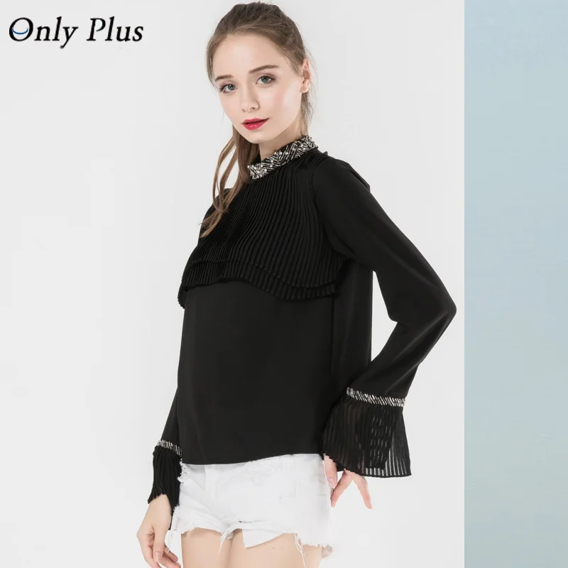 ONLY PLUS Pleated Blouse Solid Ruffles Chiffon Collar Rhinestone