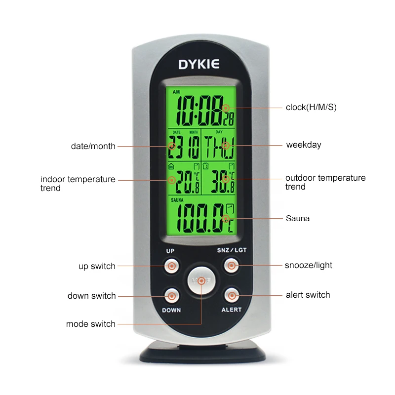DYKIE Беспроводная метеостанция, цифровой ЖК-будильник, часы для помещений и улицы, оповещение о температуре, подсветка, термометры для сауны