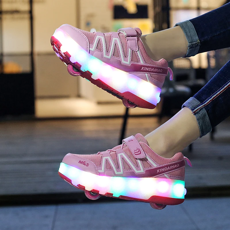 Eur28-40// Two Wheels USB Charging Glowing Sneakers on Wheels Led Light Heelys Roller Skate Shoes for Children led light shoes