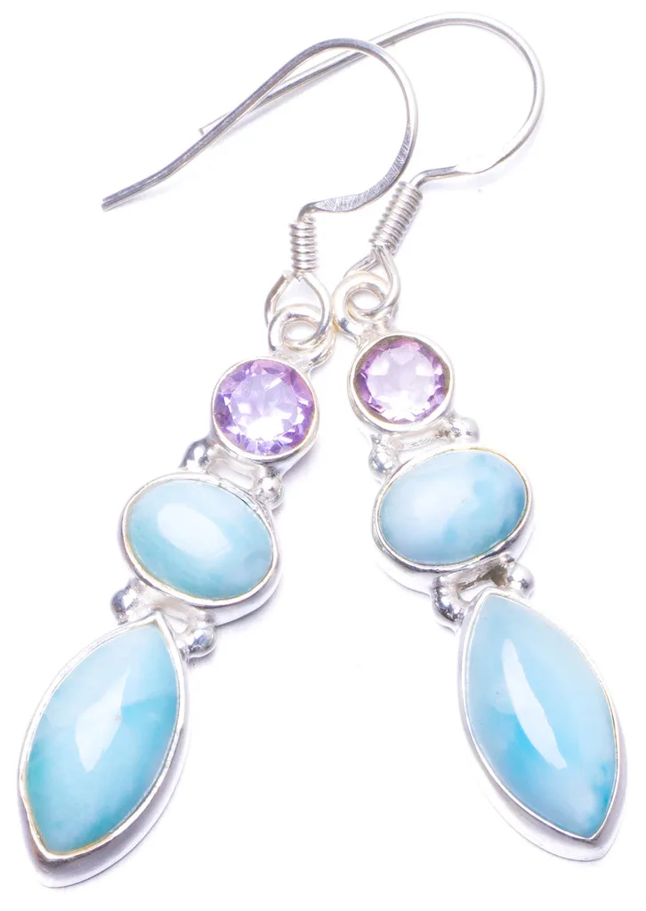 

Natural Caribbean Larimar and Amethyst Handmade Unique 925 Sterling Silver Earrings 1.75" Y1030