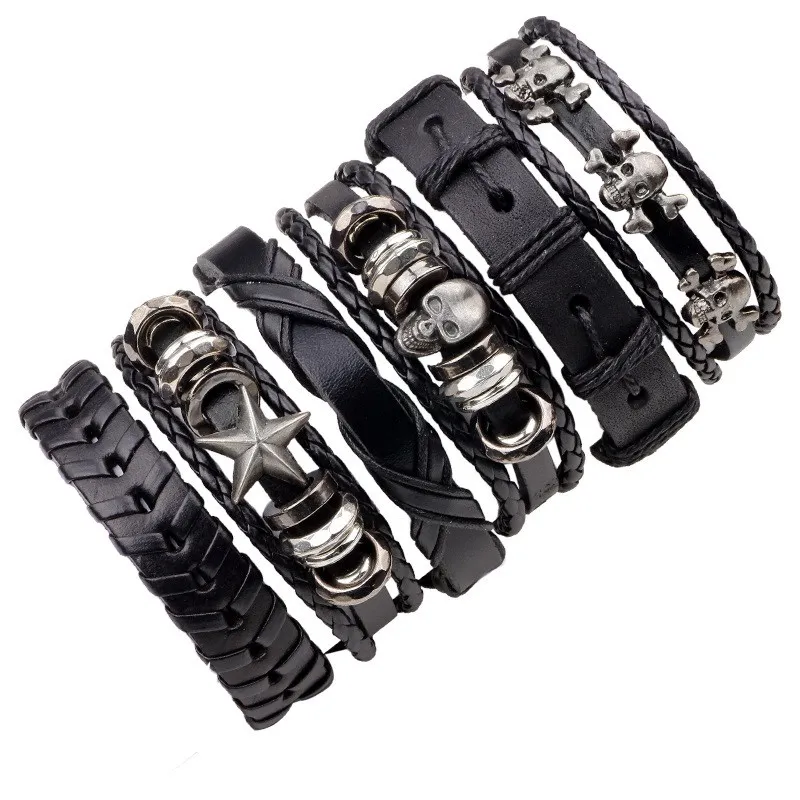 Черный кожаный браслет, мужской многослойный Плетеный браслет и браслеты, панк браслеты для женщин, Панк повседневные мужские ювелирные изделия