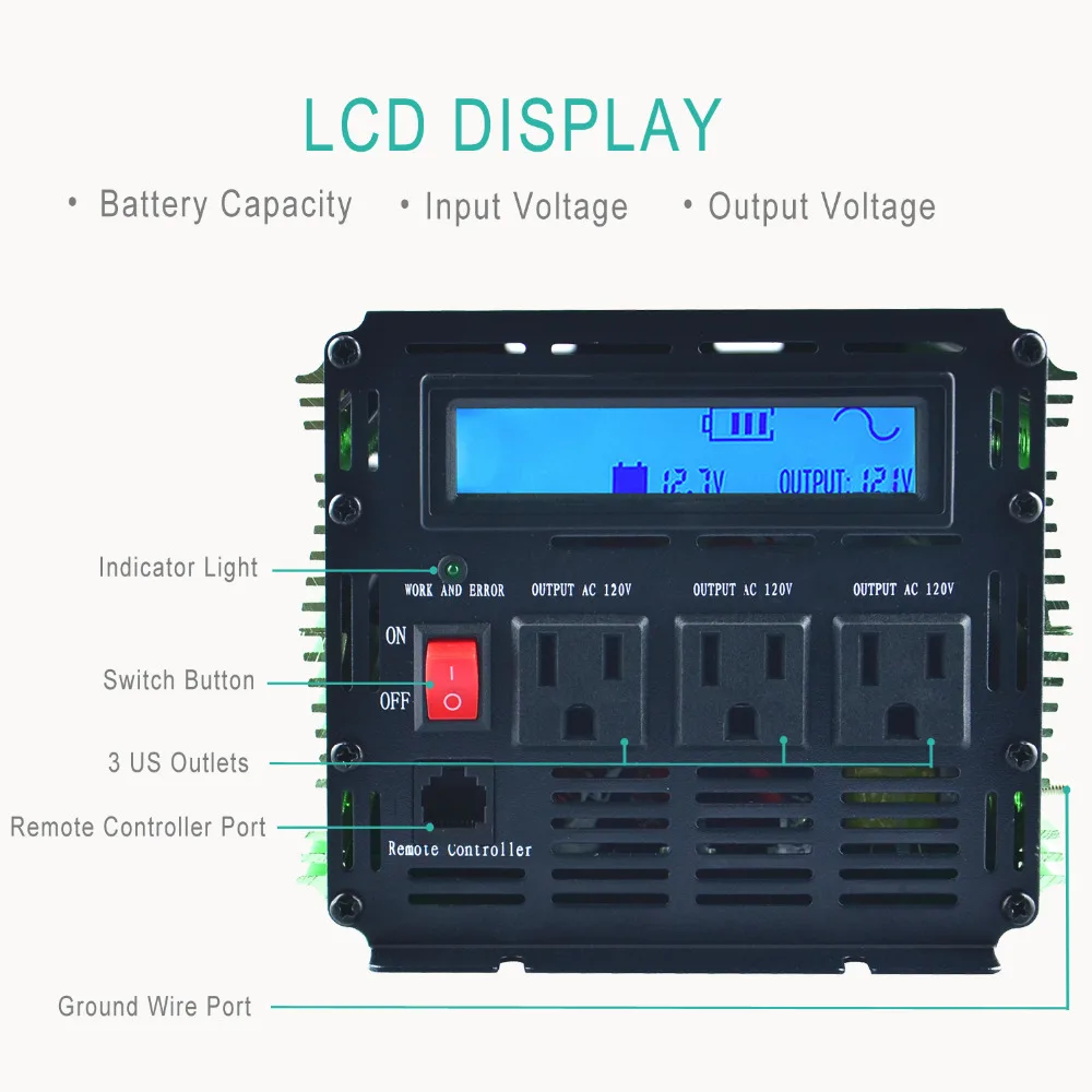 Стандарт США 12 В 110 в 120 В Чистая синусоида Инвертор 1500 Вт 3000 Вт пик 60 Гц преобразователь с пультом дистанционного управления