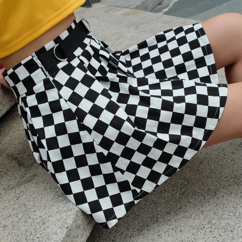Sweetown корейская мода Шахматная плиссированная юбка женская с поясом высокая талия на молнии Короткая хлопковая юбка женская летняя юбки