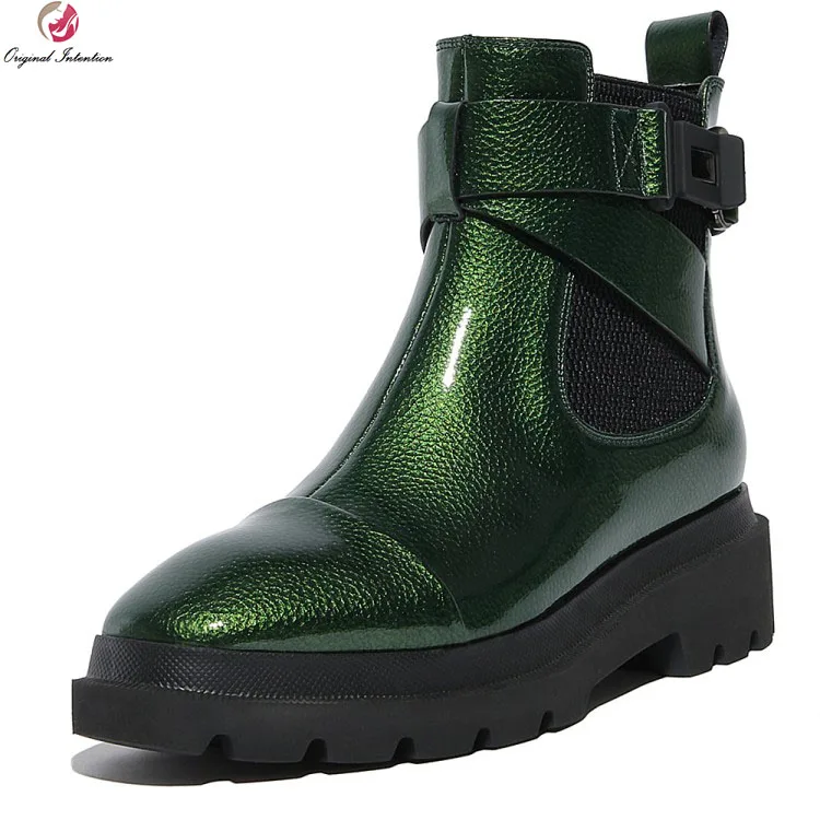 

Original Intention New Stylish Women Ankle Boots Fashion Round Toe Square Heels Boots Brown Grey Green Shoes Woman US Size 4-8.5