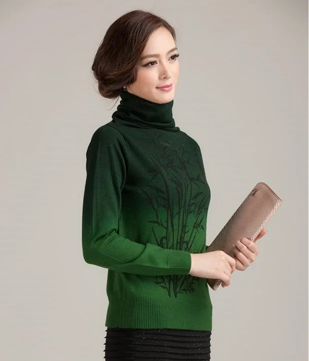 Hot New Women winter Crochet Knitted Cashmere Pullovers Branch Pattern Gradient Color Oversized Turtleneck Sweater Jumper S-XL | Женская