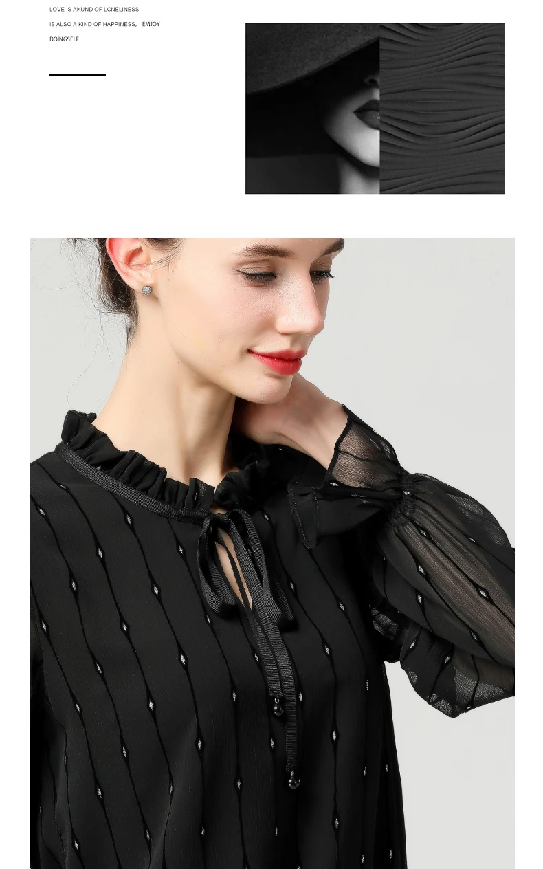 Летние шифоновые топы для женщин с длинным рукавом в полоску, с галстуком-бабочкой, со шнуровкой, с гофрированным воротником, черная блузка, модная повседневная одежда больших размеров