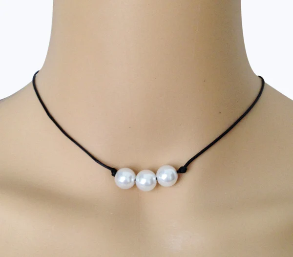 

Natural three pearl necklace Leather rope real pearl necklaces triple pearls choker necklace vintage jewelry for women necklace