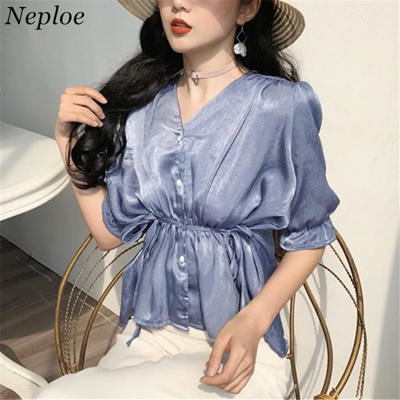 Neploe 2018 Summer Korean V Neck Short Sleeve Shirt Solid