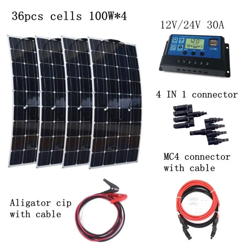 

4pcs Mono 100W Solar Panels Kit with 30A controller Quick Connection Cables Emergency Houseuse 400W Solar Power System