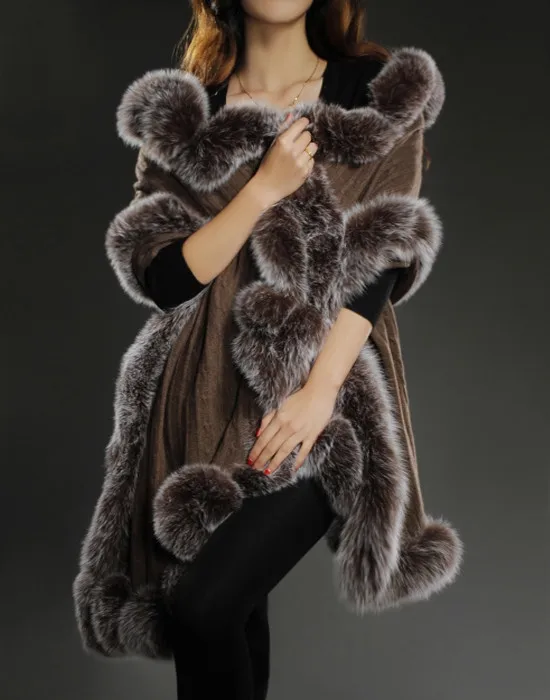 Шарф люксовый бренд женские на осень-зиму шаль с натурального меха. sjaal luxe Мерк подарок на Новый год кашемир мыс лиса меховая отделка F1414