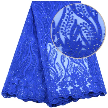 

Royal Blue Color African Tulle Net Lace Fabric With Beads For Party Dress Milk Silk Net Lace For Nigerian Women Dresses 1535B