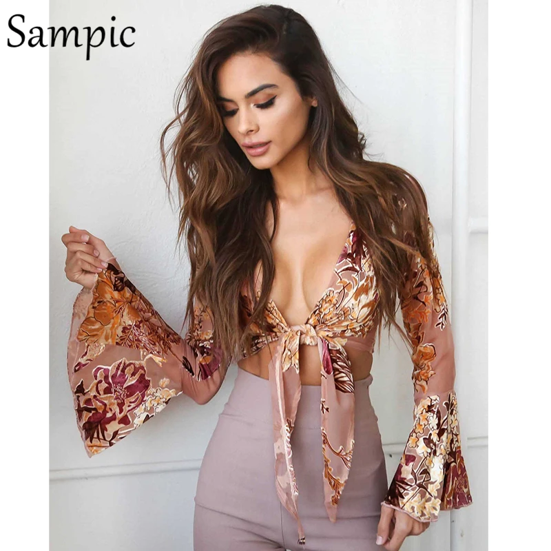 

Sampic elegant sexy deep v neck floral chiffon blouse long sleeve causal ladies tops and blouses 2019
