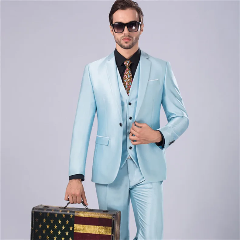 Модные одна кнопка светло синий смокинг для жениха костюм жениха Мужские костюмы пиджаки (куртка + брюки + жилет + галстук) Ширина: 1265
