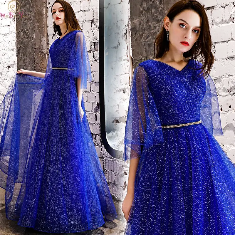 

Fashion A-line Prom Dresses 2019 New V Neck vestido de noite Long Royal Blue Tulle Gowns Formal Party Lace Up vestidos de gala