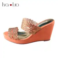 CHS525 Custom Made Crystal Coral Wedges Heel Women Slippers Bridal Wedding Shoes Big Size Women Shoes