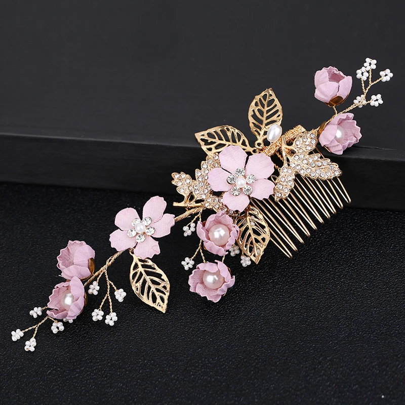 

Vintage Hollow Leaf Wedding Hair Comb For Women Girls Bue Gold Flower Rhinestone Headband Bridal Hairpins Jewelry Hair Accessory