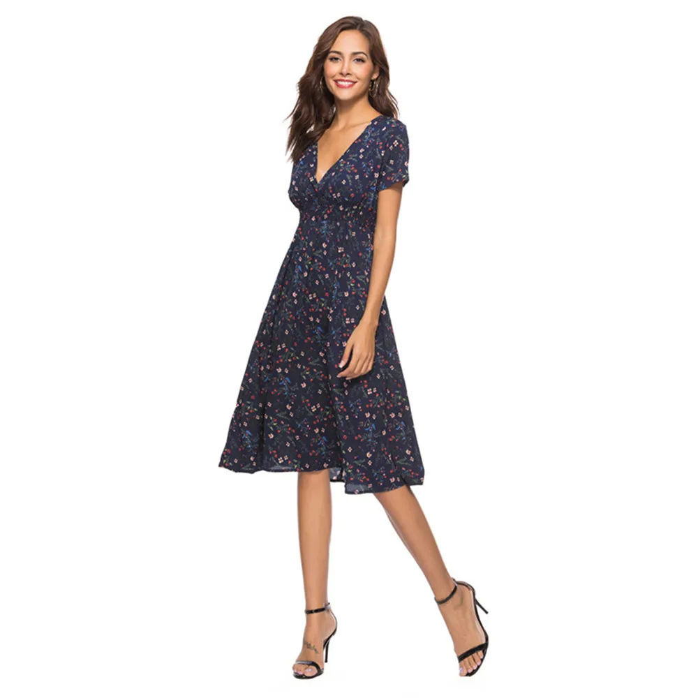 

New 2019 Summer Beach Chiffon Dress Women Short Sleeve Print Dress Female Floral Casual Loose Dress Sexy Deep V-Neck Midi Dress