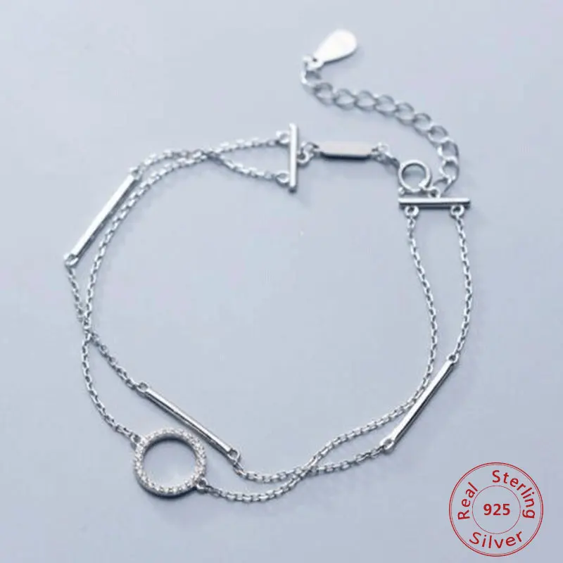 

S925 Sterling Silver Female Fashion Temperament Zircon Circle Bracelet Geometric Sticks Simple Bracelet Double-layer Jewelry