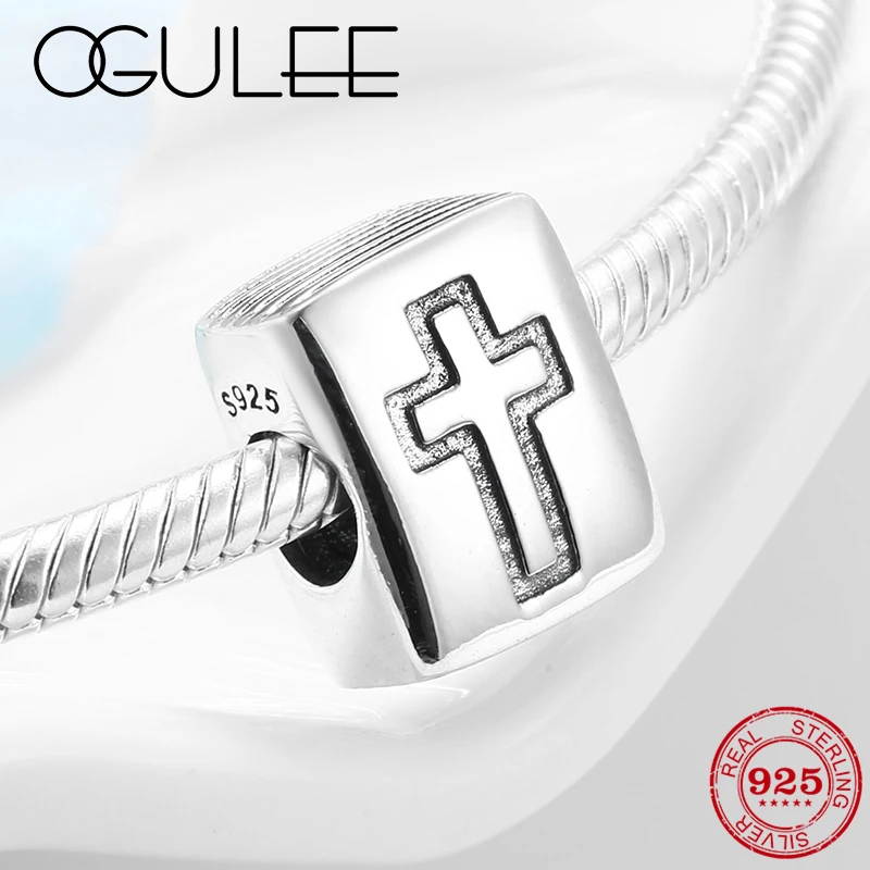 

New 925 Sterling Silver Beads Square shape faith cross metal Bead Accessories Fit Pandora Charms Bracelet Women Jewelry Making