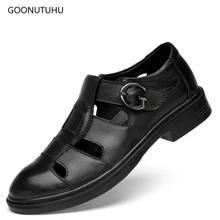 Новинка года; стильные мужские сандалии; летняя дышащая обувь; черные мужские туфли из натуральной кожи; модные мужские сандалии; Рабочая обувь; большие размеры