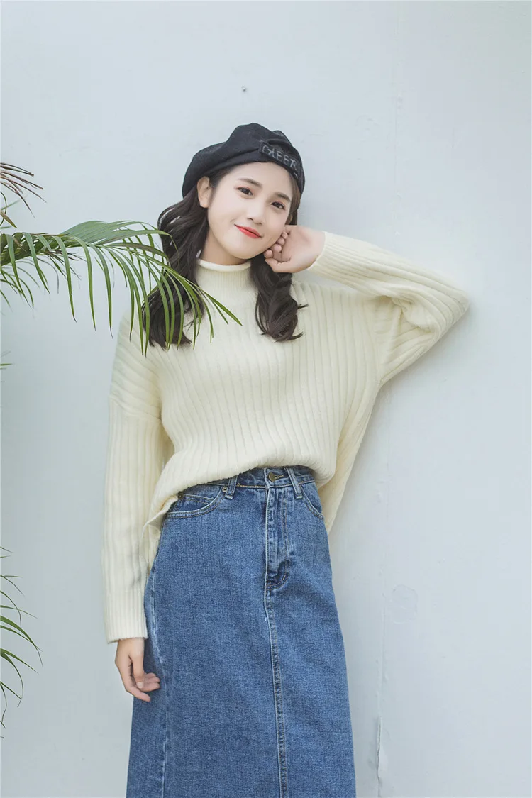Женская осенне зимняя обувь белый свитеры для женщин корейская мода Drop Shoulder водолазка разделение подол Тонкий пуловеры жен