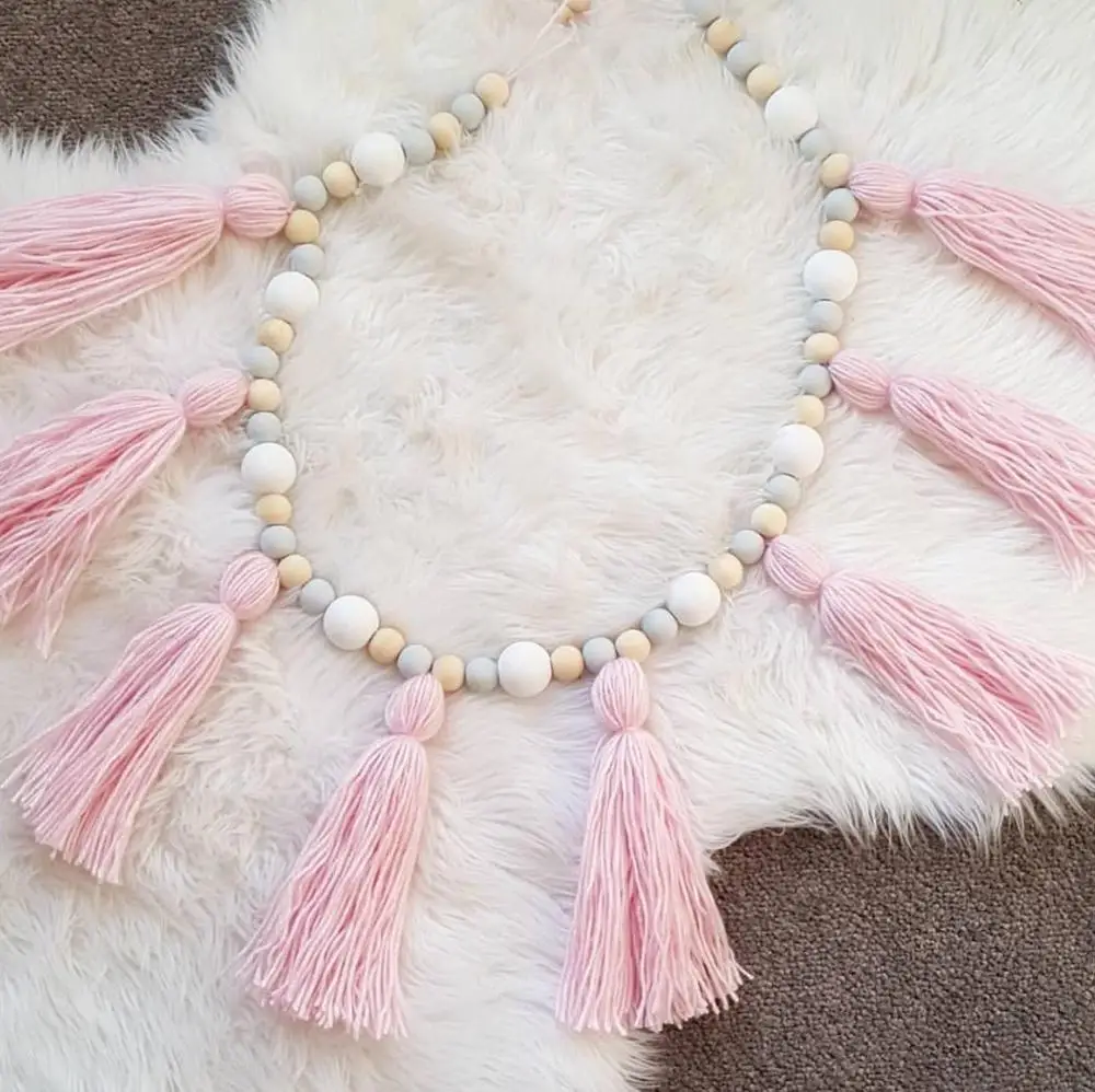 Pink Нордическая 1 м детская комната пряжа и шарик Гирлянды Висячие с кисточкой жемчужный Декор реквизит для детской комнаты подарок давая палатка орнамент - Цвет: Pink