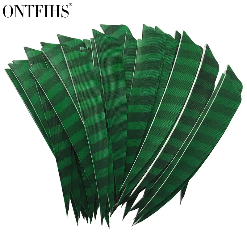 

ONTFIHS 50pcs 5" Right Wing Or Left Wing Shield Cut Striped Green One Side Archery Arrow Feather Fletches Fletchings Feathers