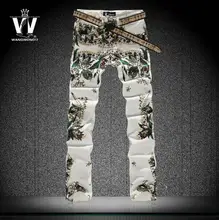 Spring autumn 2016 new flowers colored drawing flower thin jeans mens slim elastic denim pants male