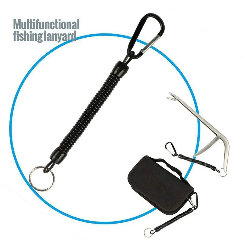 Black Fishing Lanyard Accessories Plastic Retractable Coiled Tether with Carabiner for Pliers Lip Grips Tackle Fish Tools(Pac#8