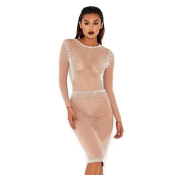 

2018 New Arrival Fashion Beading Women Dress Sexy Backless Long Sleeve Solid Bodycon Summer Elegant Evening Party Dress Vestidos