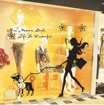 DCTAL Pet Shop Vinyl Wall Decal Sexy Girl With Dog Grooming Salon Mural Wall Sticker Pet Salon Window Glass Shop Home Decoration