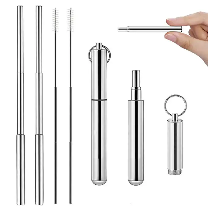 2Pcs Reusable Metal Drinking Straws Telescopic Portable Stainless Steel Straw with Case& Cleaning Brush