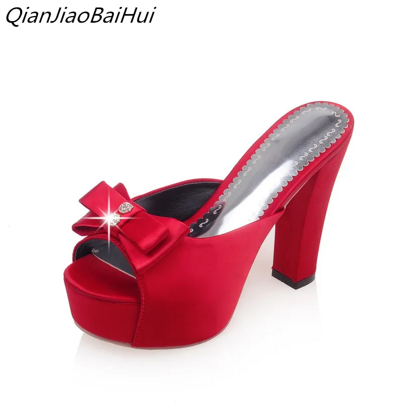 

QianJiaoBaiHui Lolita bowtie women sandals slippers thin high heel platform sandals women flip flop mules shoes women high heels
