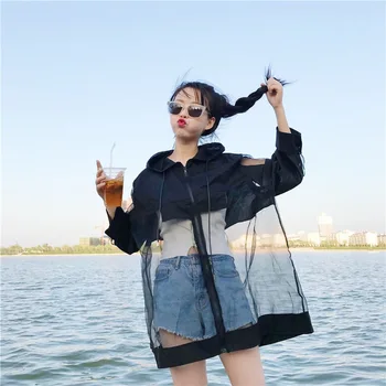 

2019 Summer New Jacket Coat Perspective Mesh Long Sleeve Loose Casual Streetwear Jacket Coat Female
