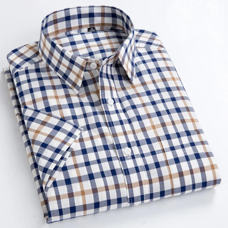 Beste Hoge Kwaliteit mannen Oxford Casual Shirts Leisure Ontwerp Plaid mannen Sociale Shirts 100% Katoen Korte Mouw heren jurk Shirts