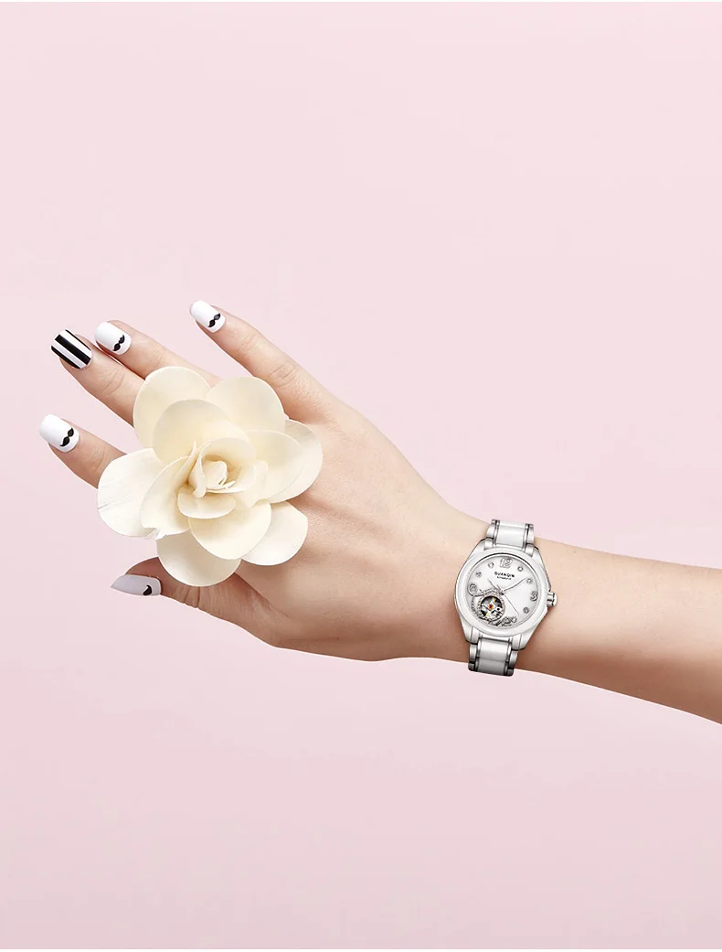 GUANQIN Ceramic Women Watch Automatic Mechanical Watches Hollow Waterproof Watch Ceramic Watch Strap Rhinestone Shell Pattern  (7)