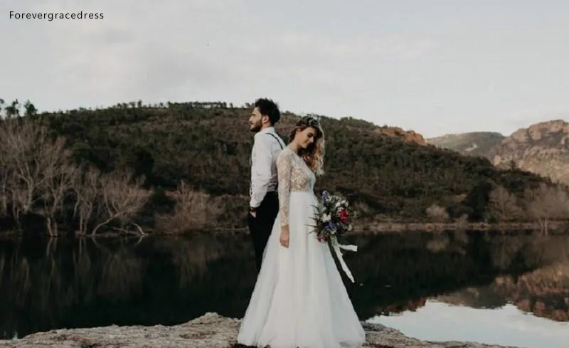 Beach Garden Boho Long Sleeve Wedding Dresses Western Country Style Sheer Lace Appliques Sexy Hollow Back Long Bohemian Bridal Gowns  139 (6)