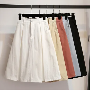 

Womens A-line Skirt Casual Fashion High Waist Skirts Solid Color Girls Mid Pockets Skirt