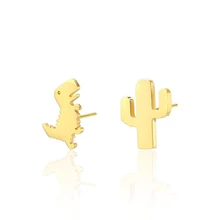 Gold Tyrannosaurus Rex Desert Cactus Stud Mismatched Earrings Minimalist Jewelry Stainless Steel Women Style Gold Tyrannosaurus Rex Desert Cactus Stud Mismatched Earrings Minimalist Jewelry Stainless Steel Women Style