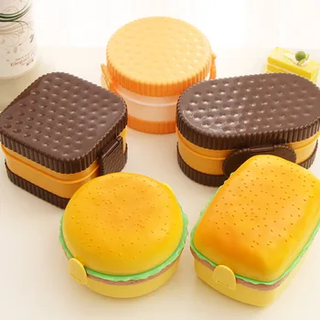 

New Hamburger Lunch Box Double Tier Cute Burger Bento Box Lunchbox Children School Food Container Fork Tableware Set  