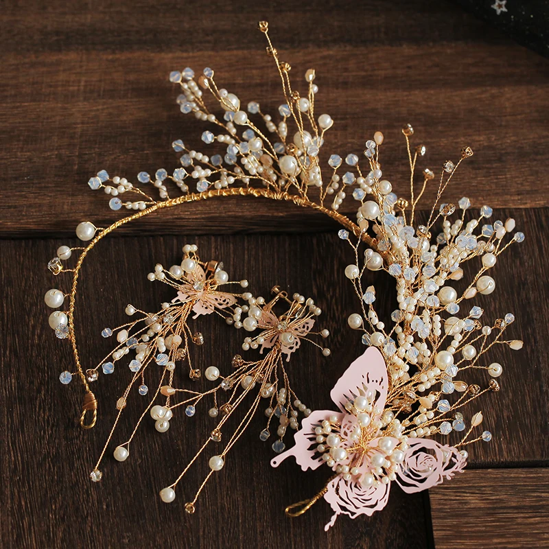 

Wedding Jewelry Headband Butterfly Long Headdress Engagement Hair Accessories Bridal Handmade Pearl Crystal Beads Hairbands