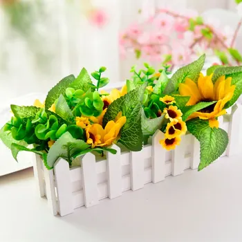 

Sunflower Artificial flowers+30cm Wood Fence Vase Bonsai Set For Restaurant Garden Decoration Farmhouse Decor Fake Flowers