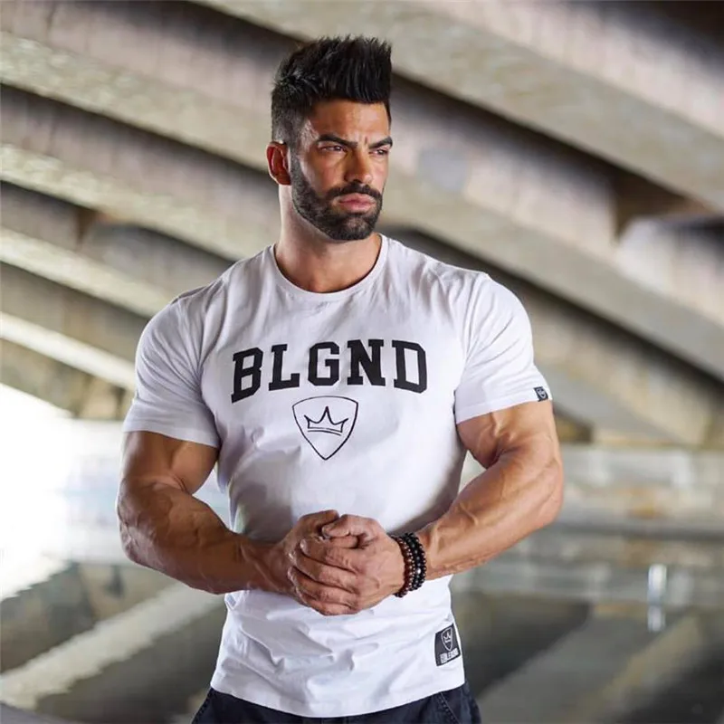 

2019 Men Gym Sport Running Cotton T-Shirt Fitness Training Bodybuilding Short Sleeve Male Casual Tees Tops Clothing