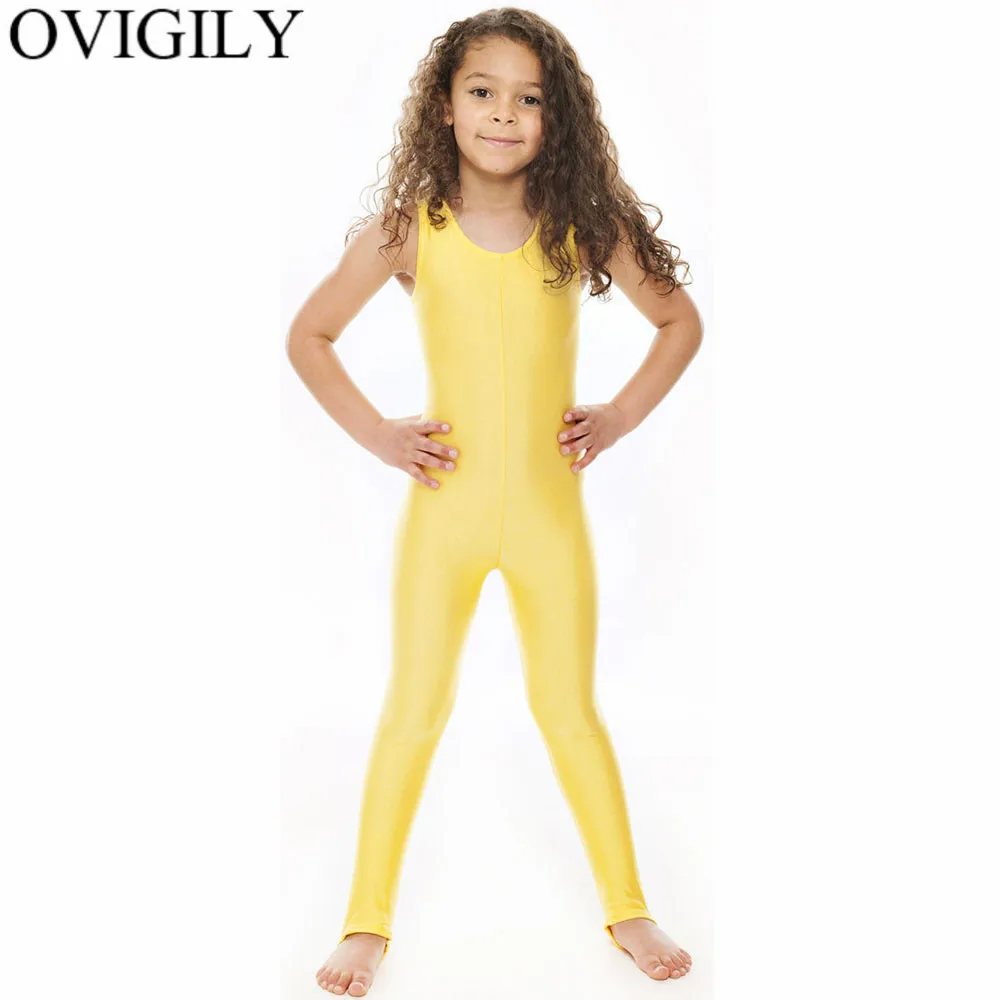 OVIGILY Yellow Girls Tank Unitards Stirrups Kids Nylon Gymnastics