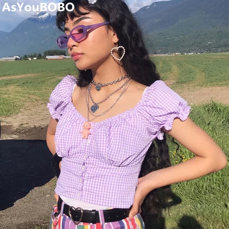 

Harajuku vintage ins hot purple red plaid kawaii cute lolita puff sleeve short sleeve crop top tee tshirt YQ-1022